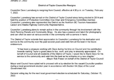 District of Taylor Councillor Resigns