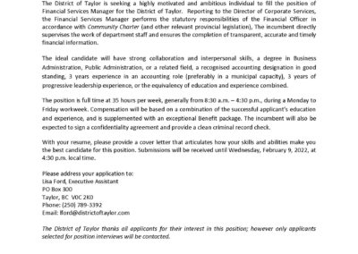Financial Services Manager Employment Opportunity