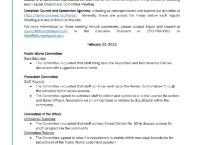 February 22, 2022 Council and Committee Meeting Summary