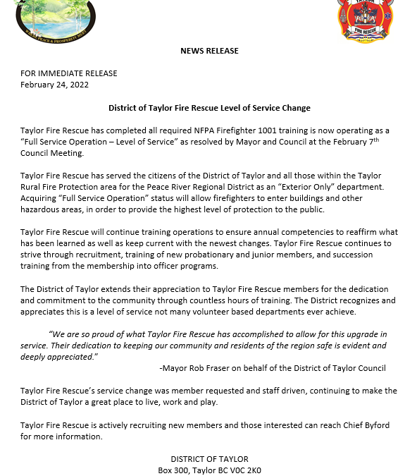 Taylor Fire Rescue Service Level Update
