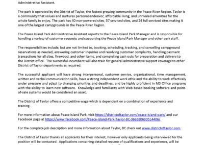 Peace Island Park Administrative Assistant Employment Opportunity