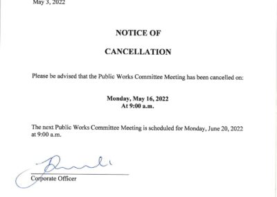 Notice of Public Works Committee Meeting Cancellation