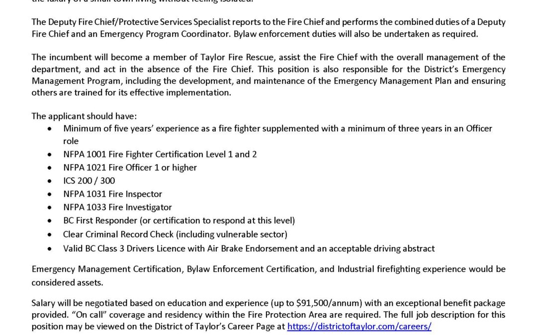Deputy Fire Chief/Protective Services Specialist Employment Opportunity