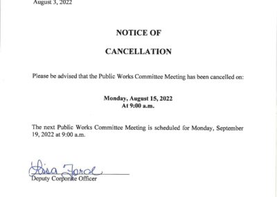 Notice of Public Works Committee Meeting Cancellation
