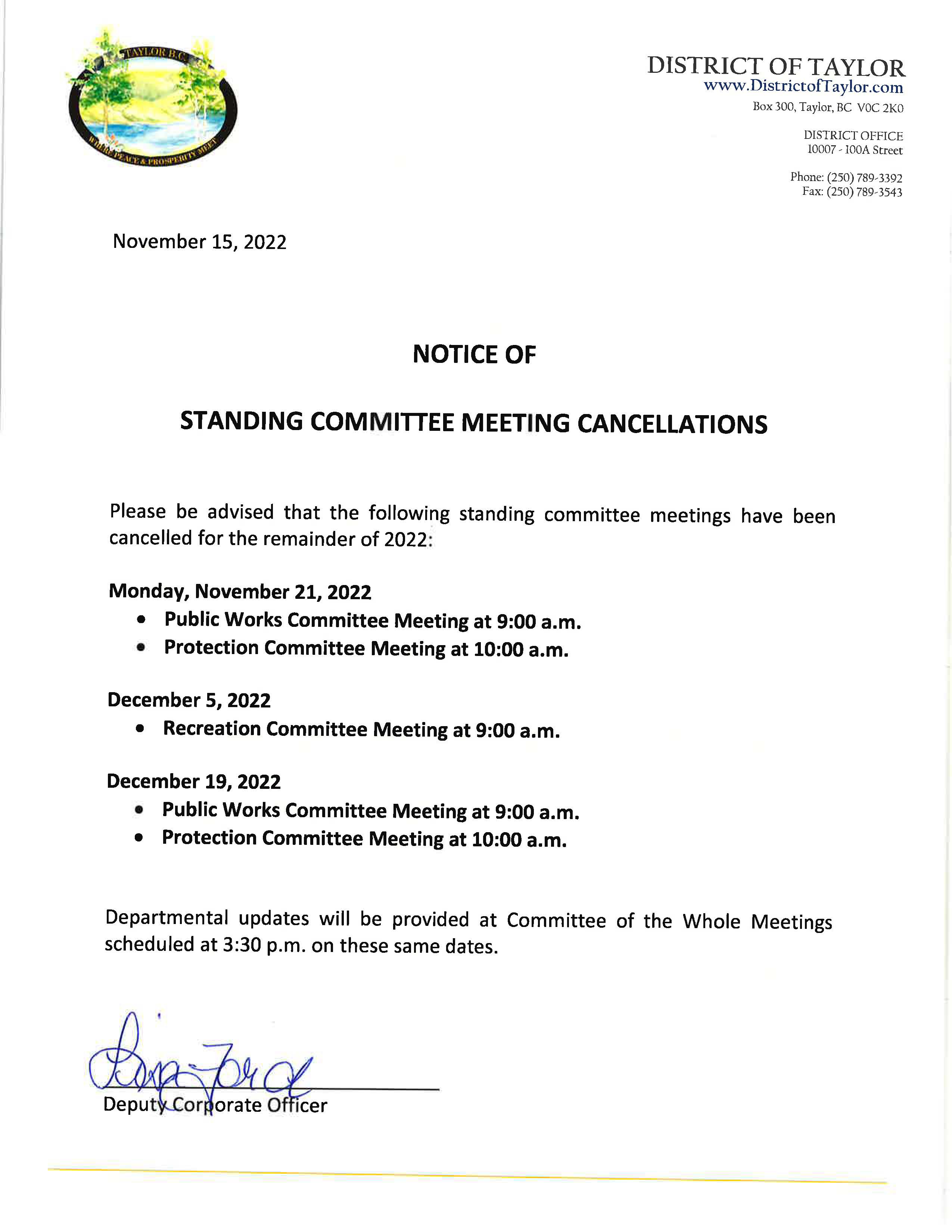 Notice of Standing Committee Meeting Cancellations