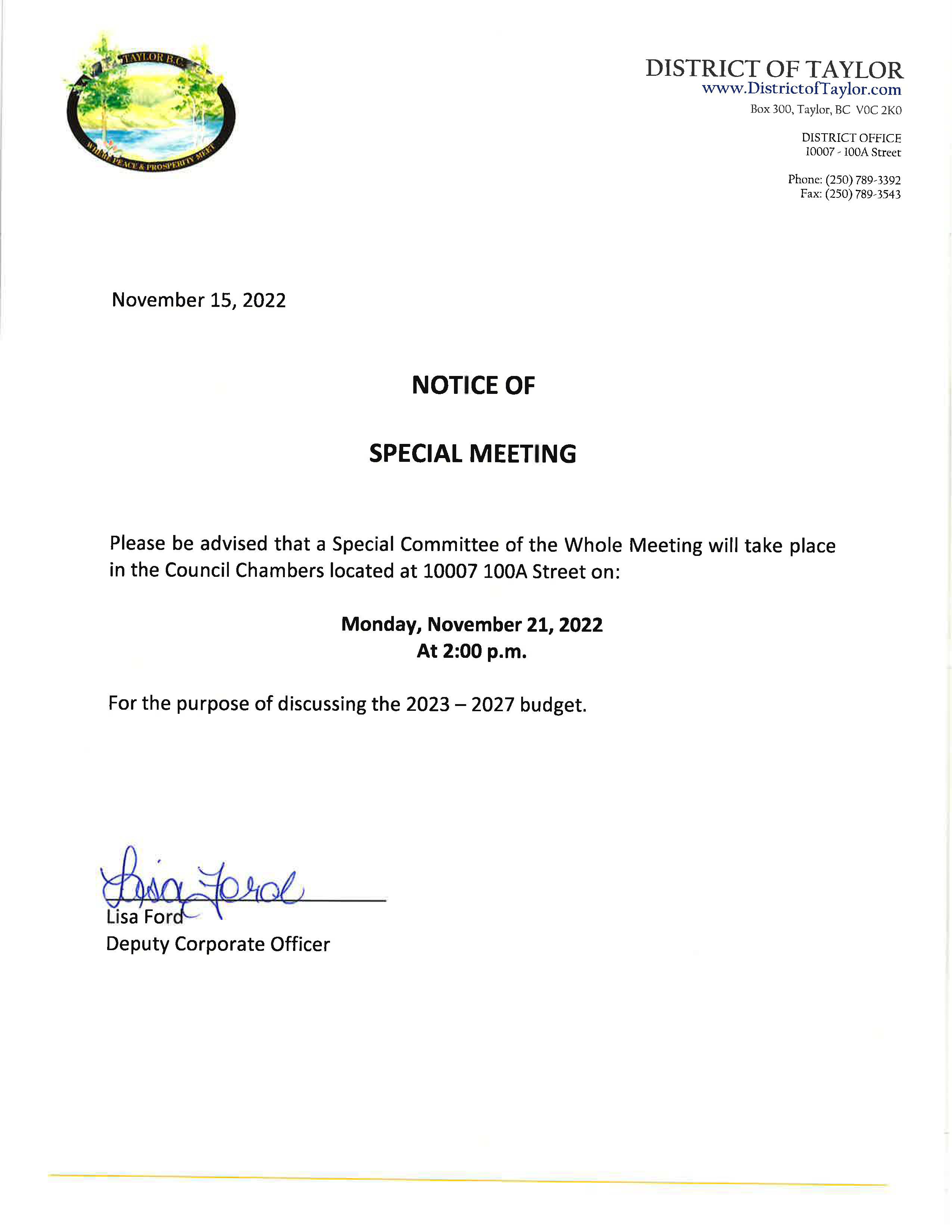 Notice of Special Meeting