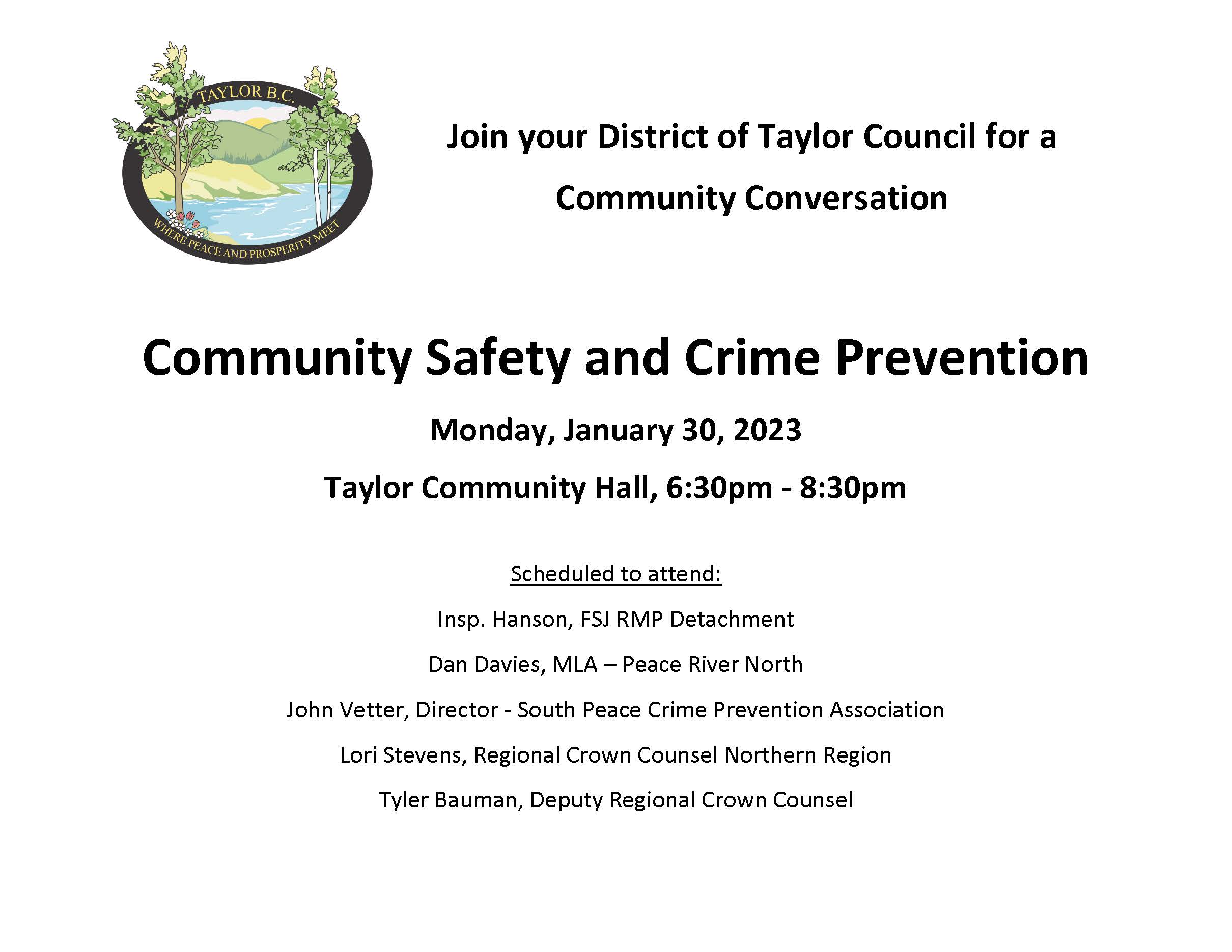 Join your District of Taylor Council and invited community partners for a Community Conversation about Community Safety and Crime Prevention #2