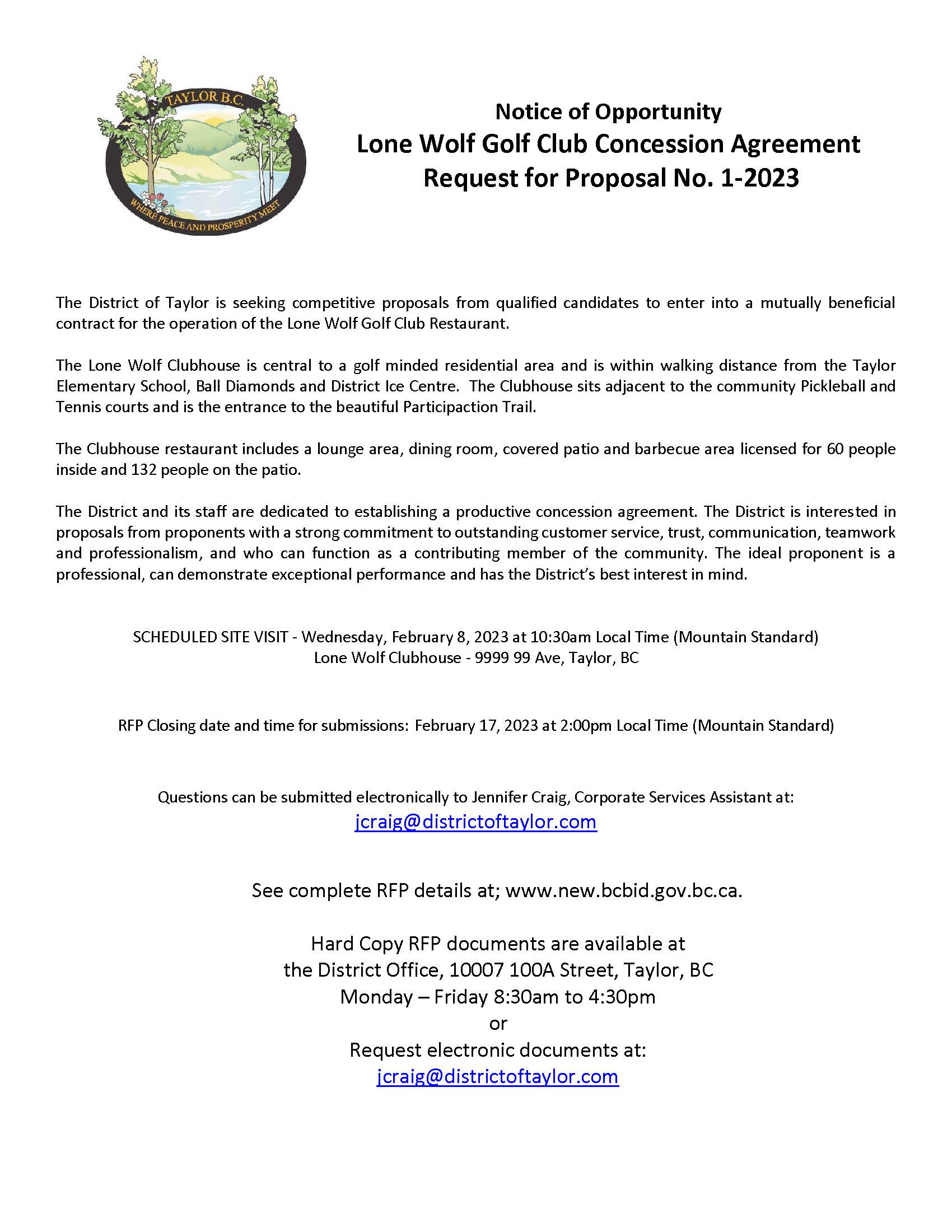 Notice of Opportunity Lone Wolf Golf Club Concession Agreement Request for Proposal No. 1-2023