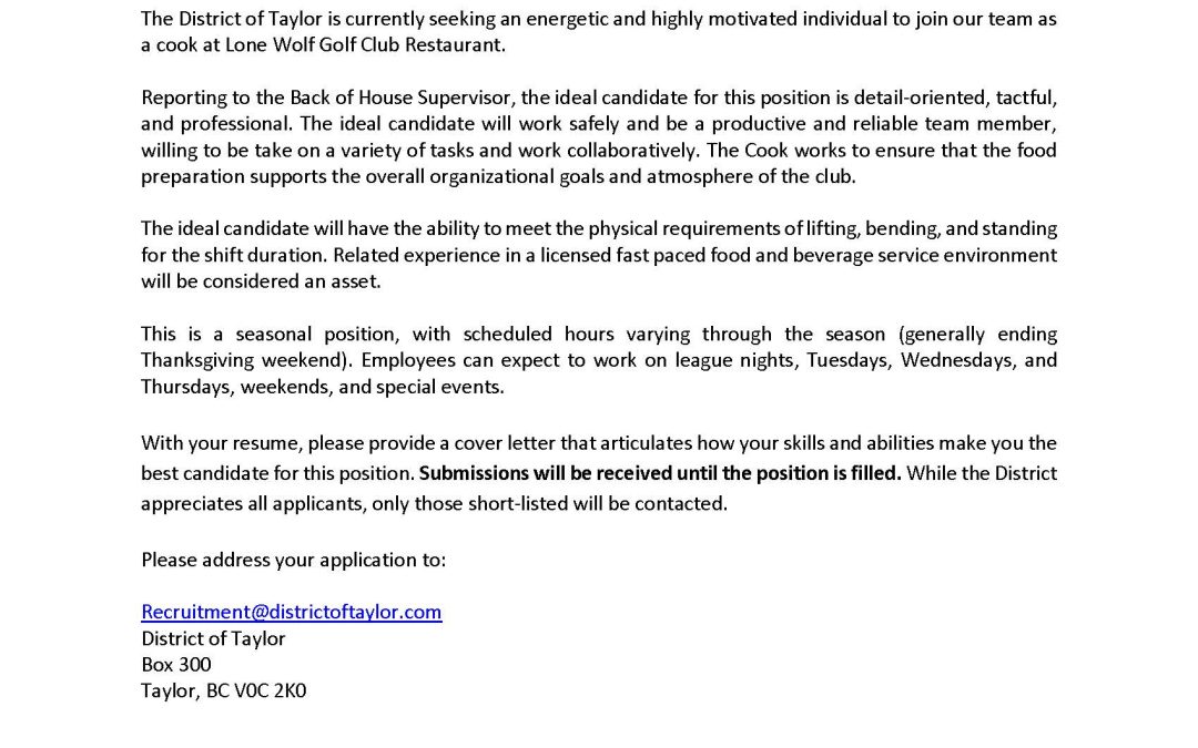 Employment Opportunity Cook for Lone Wolf Golf Club