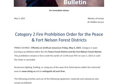 Category 2 Fire Prohibition Order effective at 12:00 pm (noon) on Friday, May 5, 2023