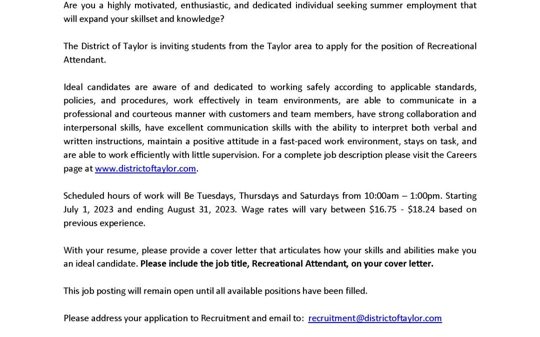 Summer Employment Opportunity Recreation Attendants
