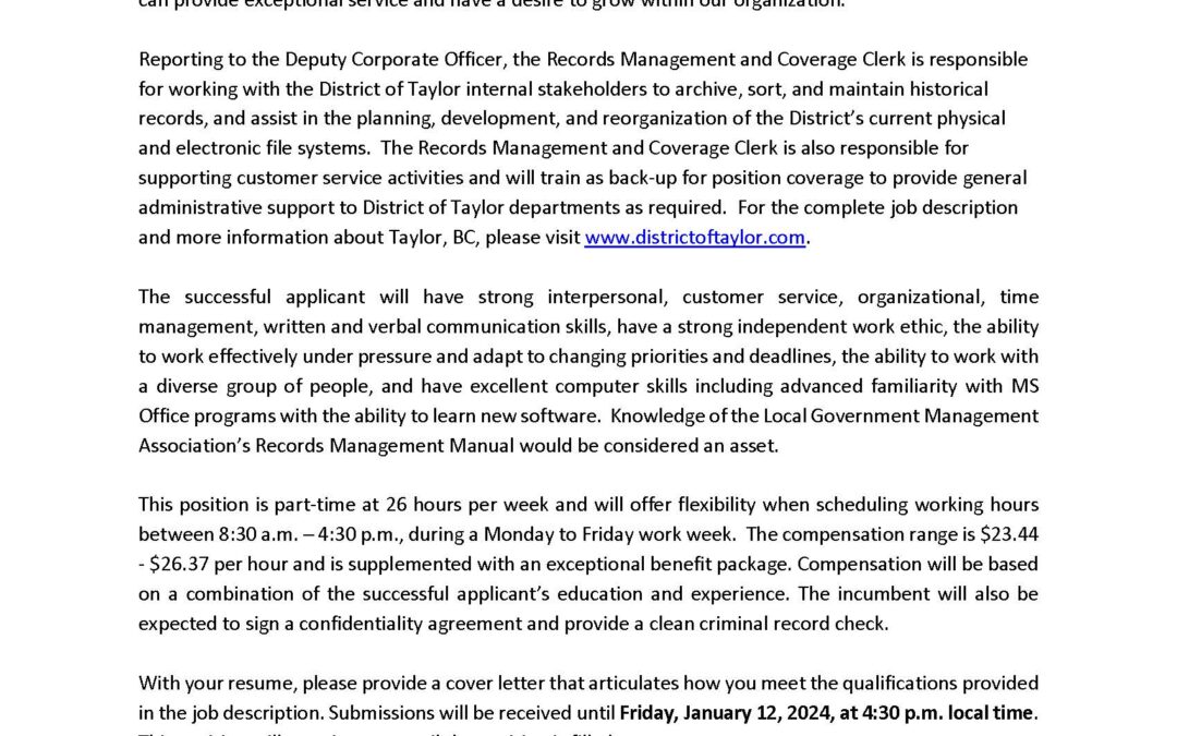Records Management and Coverage Clerk Employment Opportunity