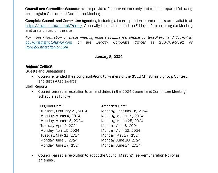 January 8, 2024 Council and Committee Meeting Summary