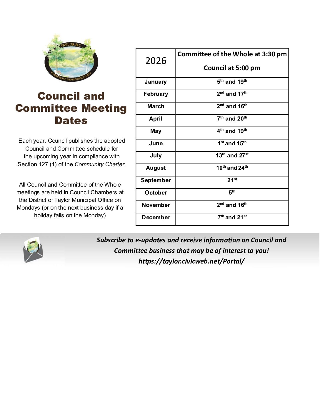 2026 Council and Committee of the Whole Meeting Schedule