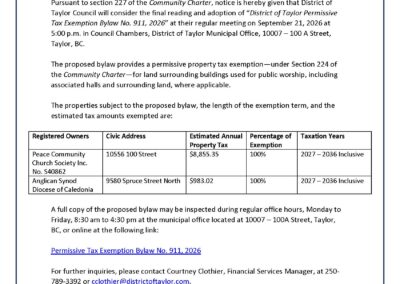 District of Taylor Permissive Tax Exemption Bylaw No. 911, 2026